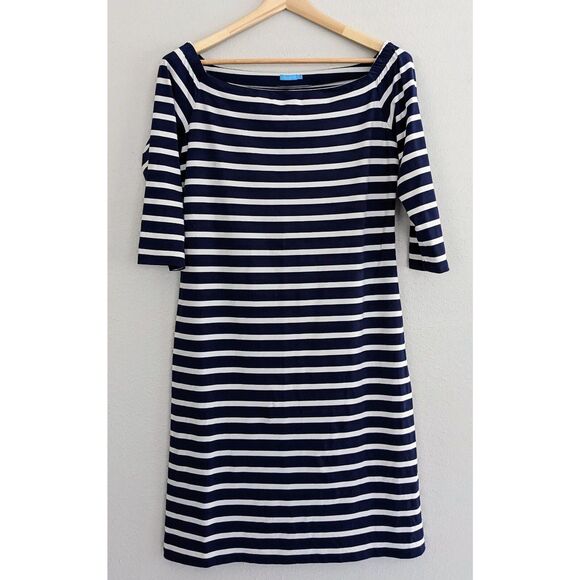J. McLaughlin Patrice Dress Off Shoulder Striped 3/4 Sleeve Medium Blue White - Picture 1 of 6